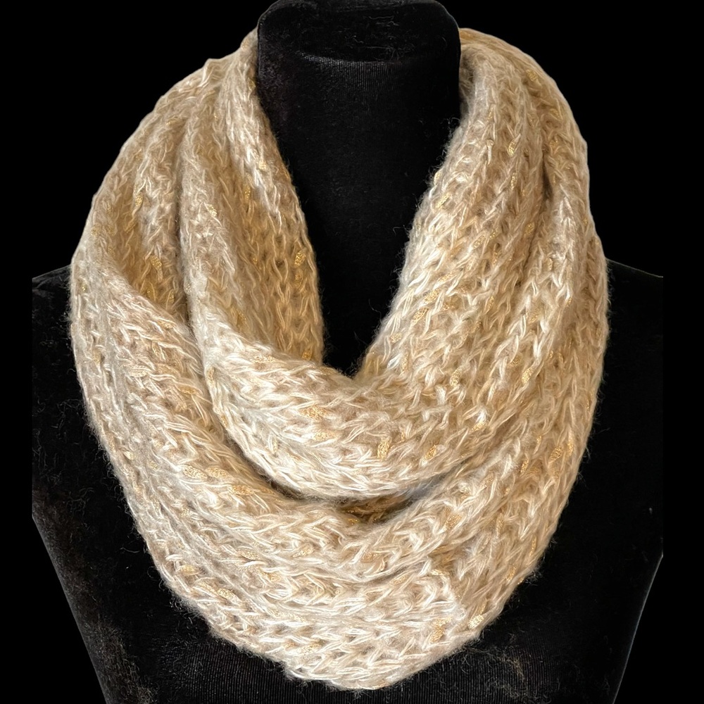 Cream Subtle Gold Metallic Threading Infinity Scarf - Picture 1 of 6